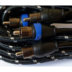 RCA TRF Audio haut de gamme 5 mètres, connecteurs moulés bicolore et plaqué or, câbles OFC ultra flexibles fil remote intégré.