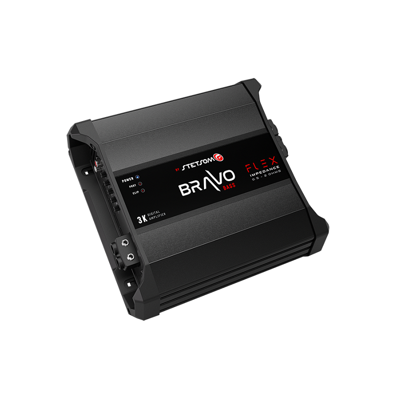 Amplificateur Stetsom Bravo Flex 3000, délivrant une puissance constante de 3000wrms entre 0.5 et 2ohms.